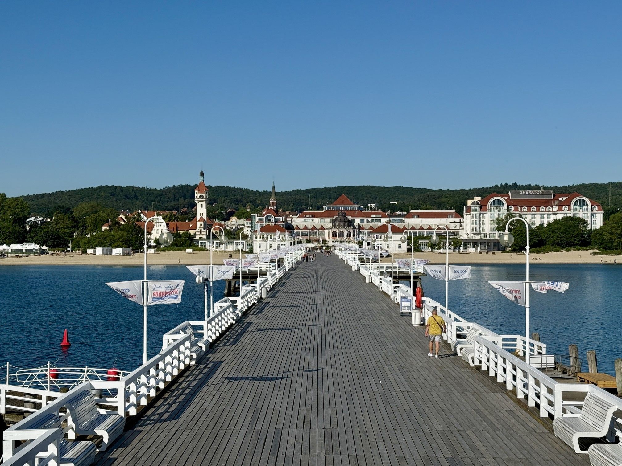 Wykonane od strony morza zdjęcie sopockiego mola oraz budynków hoteli Grand i Sheraton, Domu Zdrojowego oraz Zakładu Balneologicznego z charakterystyczną latarnią.